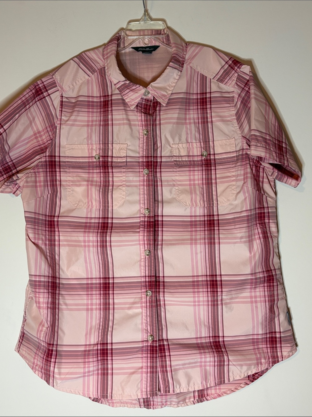 Eddie Bauer Women’s Outdoor Hiking Shirt Plaid Short Sleeve Button Up Pink large